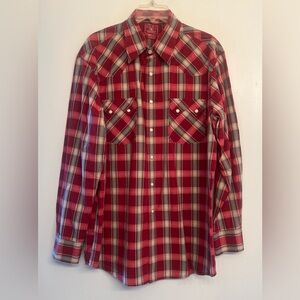 Lucky Brand long-sleeve red plaid western shirt featuring pearl snap buttons L